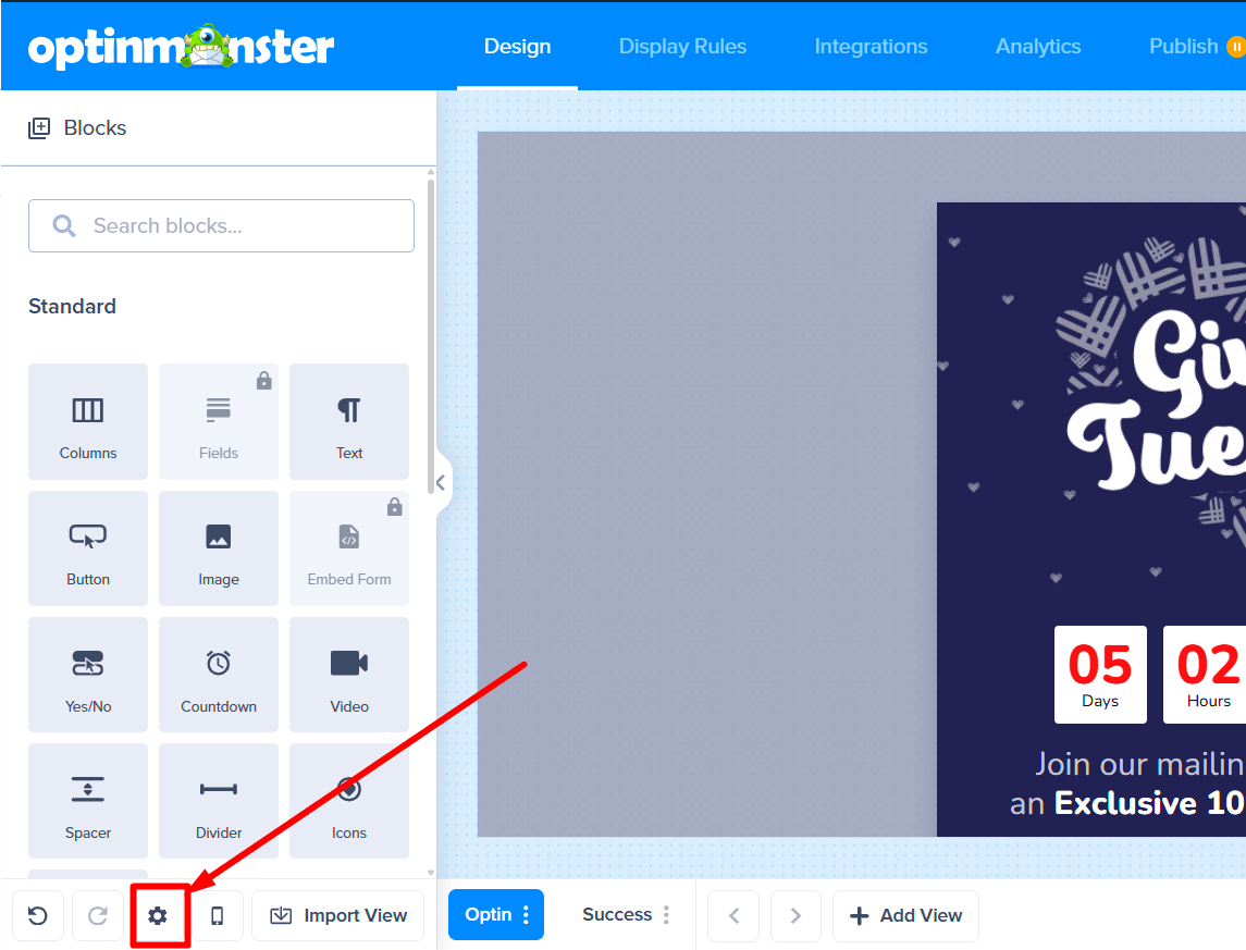Screenshot_48 - OptinMonster Settings gear icon in the campaign builder's Design view.