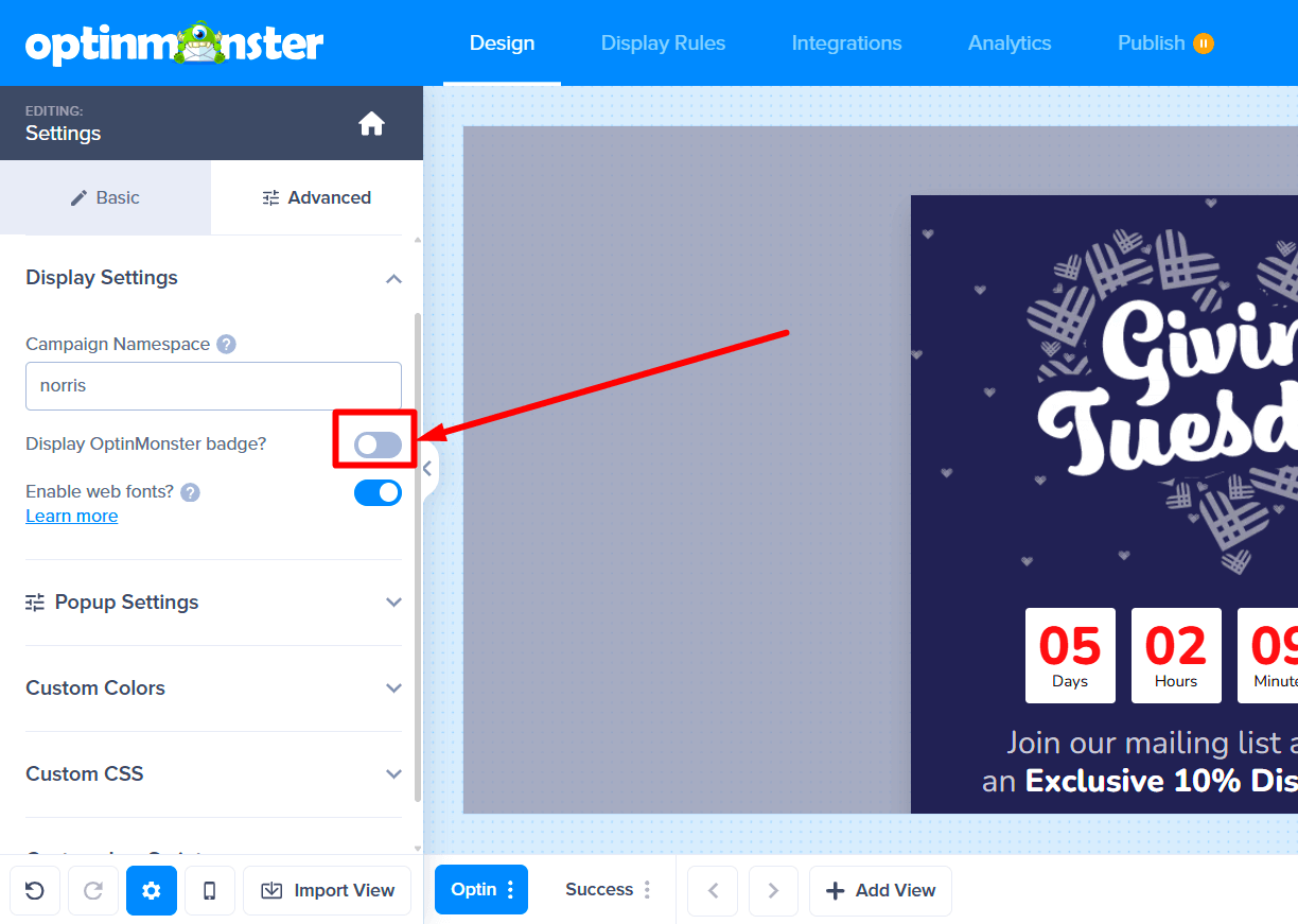 Screenshot_50 - OptinMonster Toggle to disable Display OptinMonster badge.