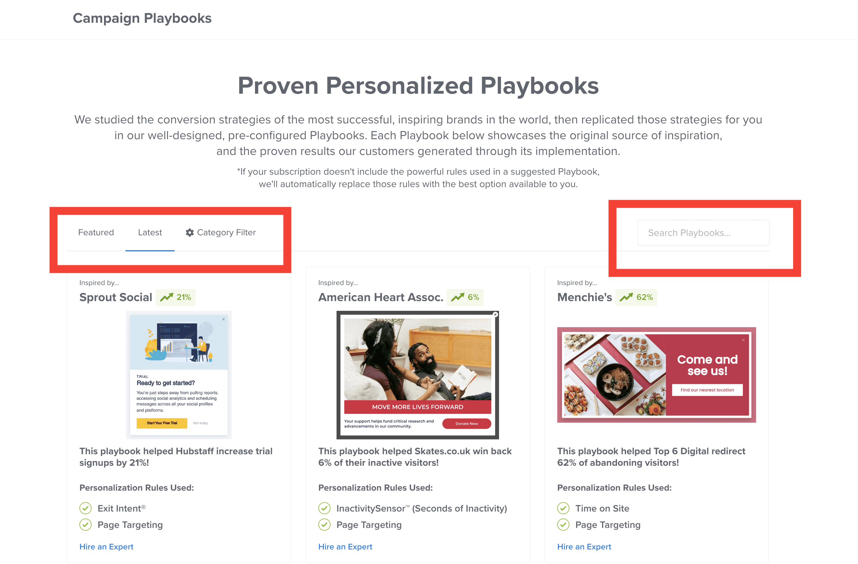 delete column contents canvas - OptinMonster Search sort or filter available Playbooks in OptinMonster when creating a new campaign