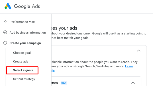 "Select Signals" option while creating Google Ad campaign - OptinMonster "Select Signals" option while creating Google Ad campaign