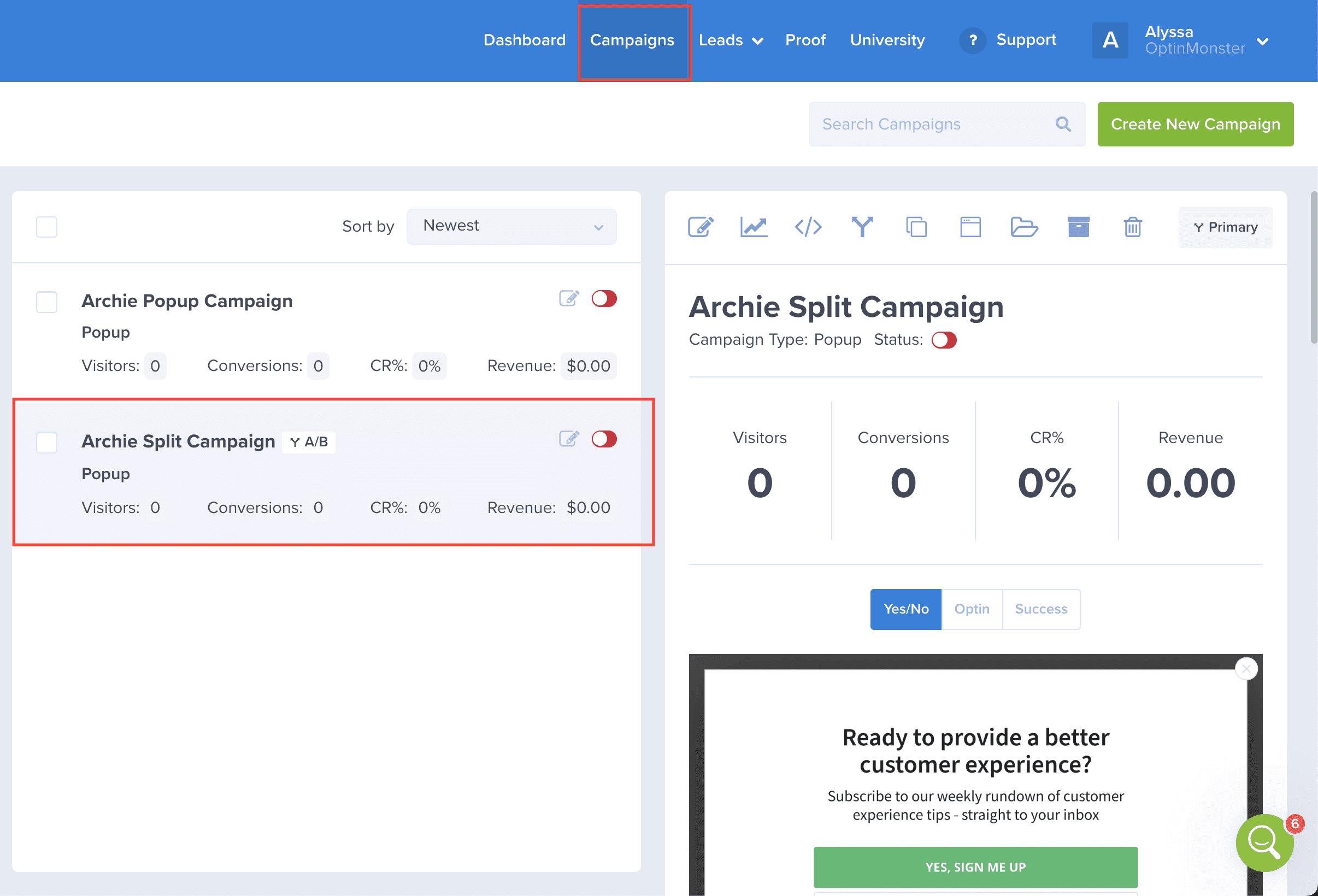 Select Split Test Group - OptinMonster