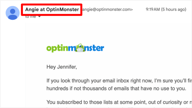 sender-name-for-email-open-rate - OptinMonster Marketing email from OptinMonster that has the sender name "Angie at OptinMonster"