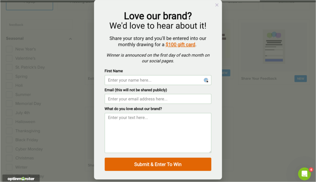 share-feedback-and-win-optinmonster-template-2 - OptinMonster OptinMonster popup that includes fields for First Name, Email address, and a text area asking "What do you love about our brand."