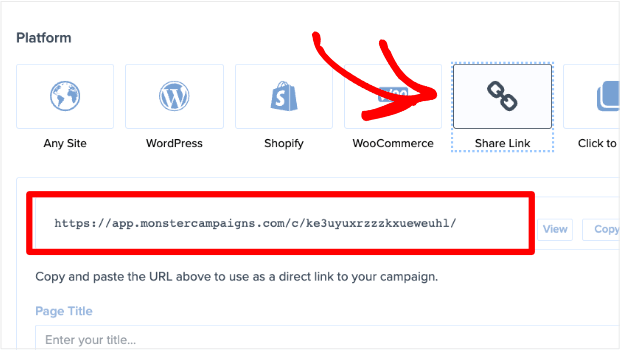 shareable-link-for-newsletter-signups - OptinMonster "Share Link" is available under "Platform" in the Publish tab