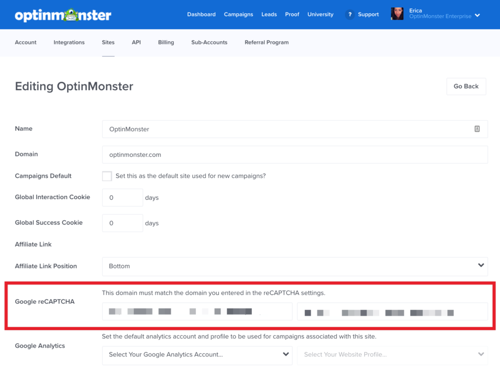 Edit site to add Google reCAPTCHA keys - OptinMonster Edit site to add Google reCAPTCHA keys