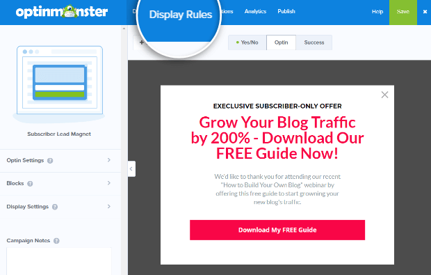 subscriber_lead_magnet_dr - OptinMonster show display rules