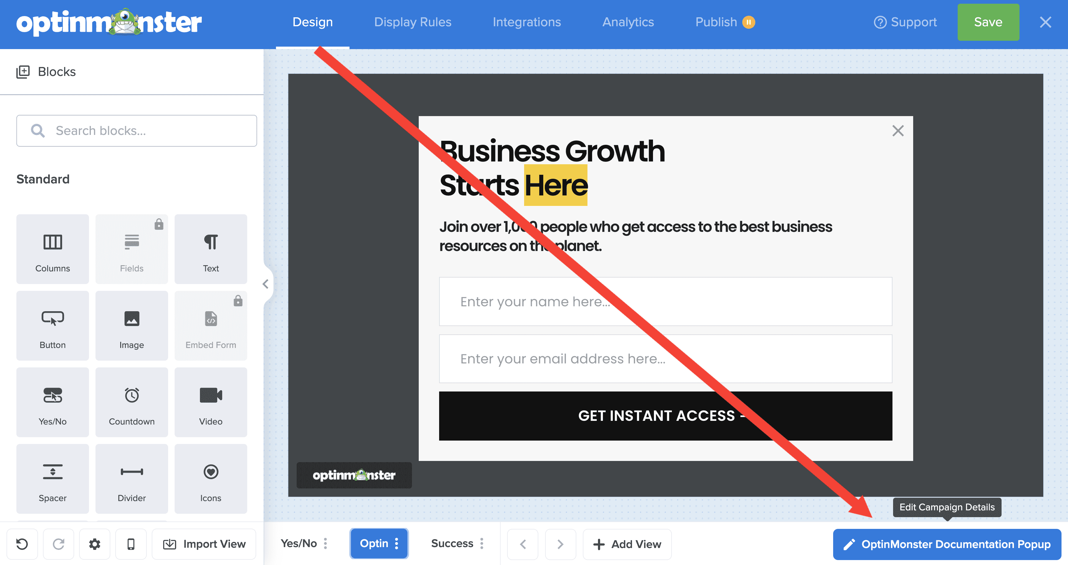 delete column contents canvas - OptinMonster The campaign details inside the builder