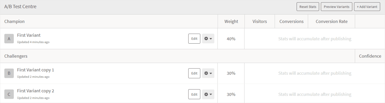 Unbounce's A/B test feature - OptinMonster Unbounce's A/B test feature