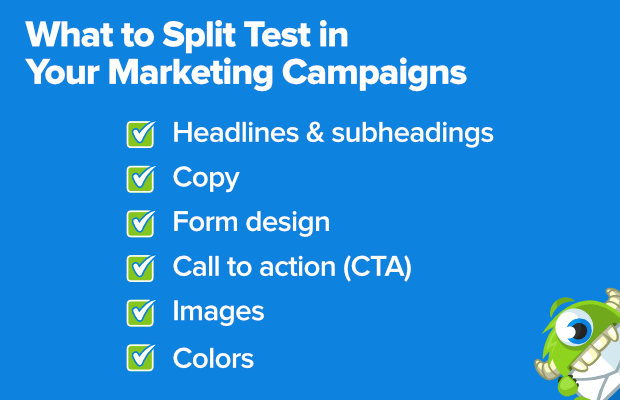 what-to-split-test - OptinMonster what to split test in your marketing campaigns: 1. Headlines & subheadings, 2. Copy, 3. Form design, 4. Call to action (CTA), 5. Images, 6. Colors(