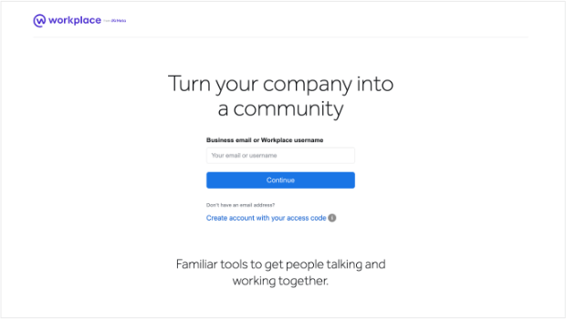 workplace-by-meta-email-signup-form-landing-page - OptinMonster Email signup landing page from Workplace by Meta. The main headline is "Turn your company into a community.